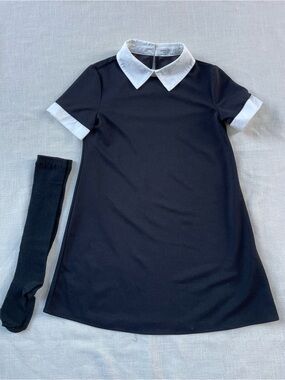 SHEIN Wednesday Black Dress with White Collar and Cuffs Knee High Socks